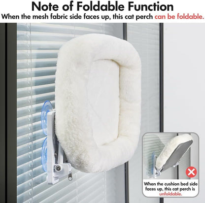 Cordless Cat Window Perch, Cats Hammock for Wall with 4 Strong Suction Cups, Solid Metal Frame and Two Replaceable Covers, Foldable Cat Beds for Indoor Cats (White, Large)