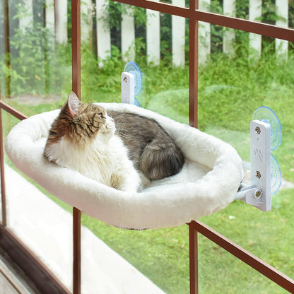 Cordless Cat Window Perch, Cats Hammock for Wall with 4 Strong Suction Cups, Solid Metal Frame and Two Replaceable Covers, Foldable Cat Beds for Indoor Cats (White, Large)