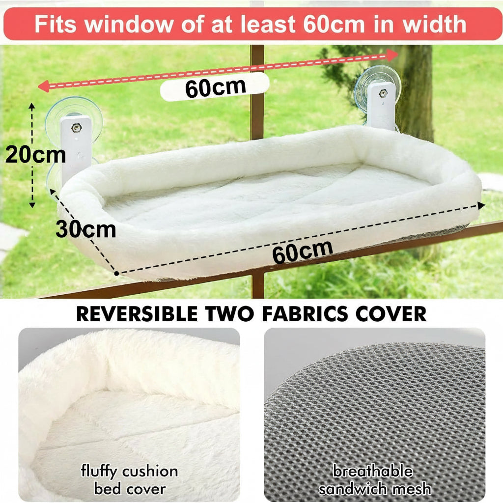 Cordless Cat Window Perch, Cats Hammock for Wall with 4 Strong Suction Cups, Solid Metal Frame and Two Replaceable Covers, Foldable Cat Beds for Indoor Cats (White, Large)