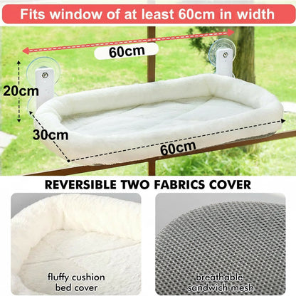 Cordless Cat Window Perch, Cats Hammock for Wall with 4 Strong Suction Cups, Solid Metal Frame and Two Replaceable Covers, Foldable Cat Beds for Indoor Cats (White, Large)
